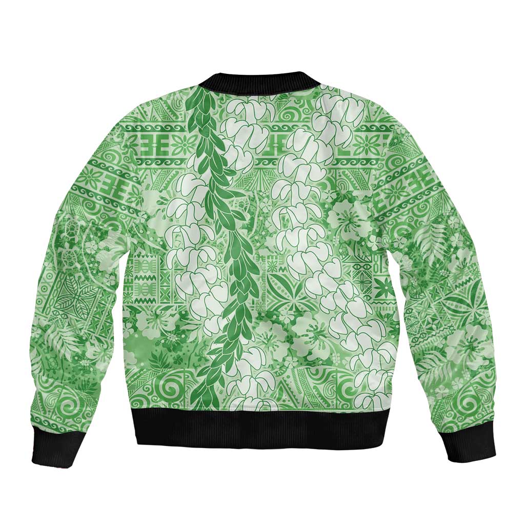 Green Puakenikeni and Maile Lei Bomber Jacket Hawaiian Style Tribal Tapa Double Strand Lei LT9 - Polynesian Pride