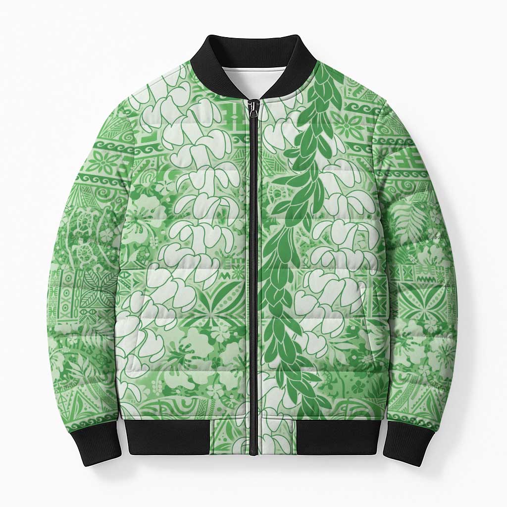 Green Puakenikeni and Maile Lei Bomber Puffer Jacket Hawaiian Style Tribal Tapa Double Strand Lei LT9 Unisex Green - Polynesian Pride