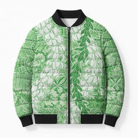 Green Puakenikeni and Maile Lei Bomber Puffer Jacket Hawaiian Style Tribal Tapa Double Strand Lei LT9 Unisex Green - Polynesian Pride