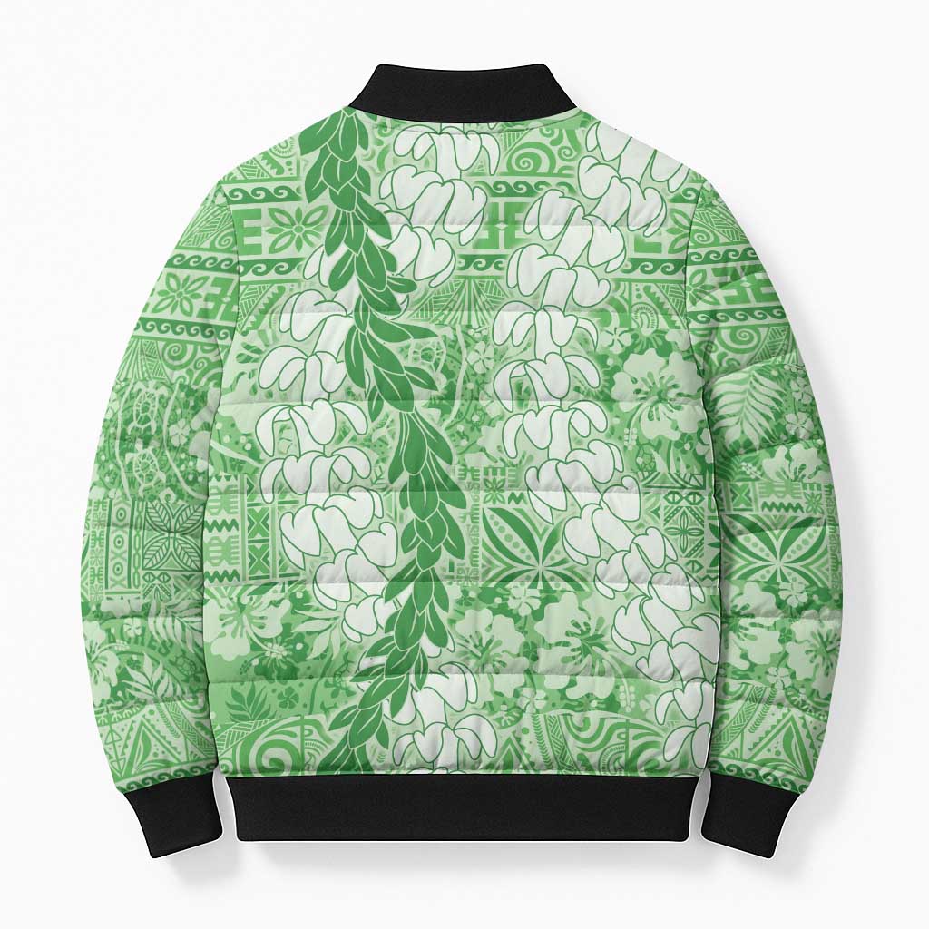 Green Puakenikeni and Maile Lei Bomber Puffer Jacket Hawaiian Style Tribal Tapa Double Strand Lei LT9 - Polynesian Pride