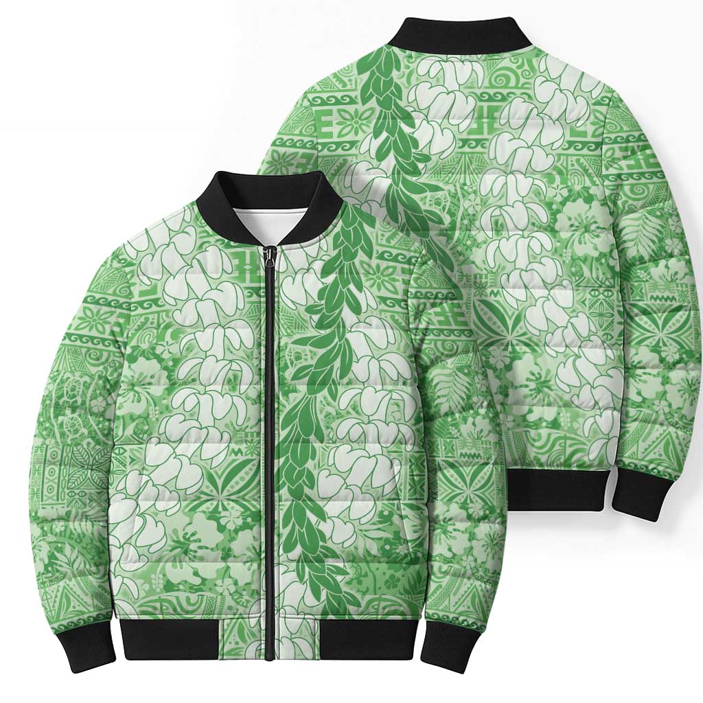 Green Puakenikeni and Maile Lei Bomber Puffer Jacket Hawaiian Style Tribal Tapa Double Strand Lei LT9 - Polynesian Pride