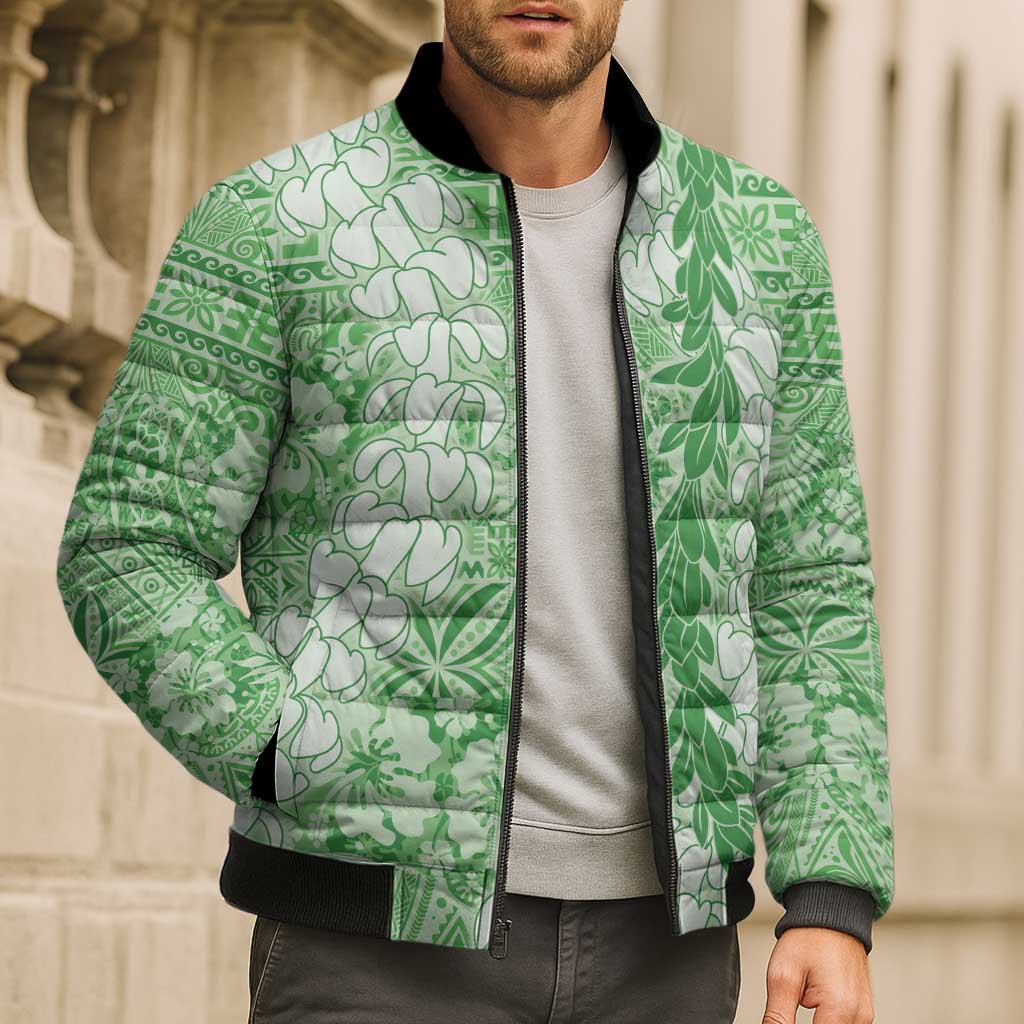 Green Puakenikeni and Maile Lei Bomber Puffer Jacket Hawaiian Style Tribal Tapa Double Strand Lei LT9 - Polynesian Pride