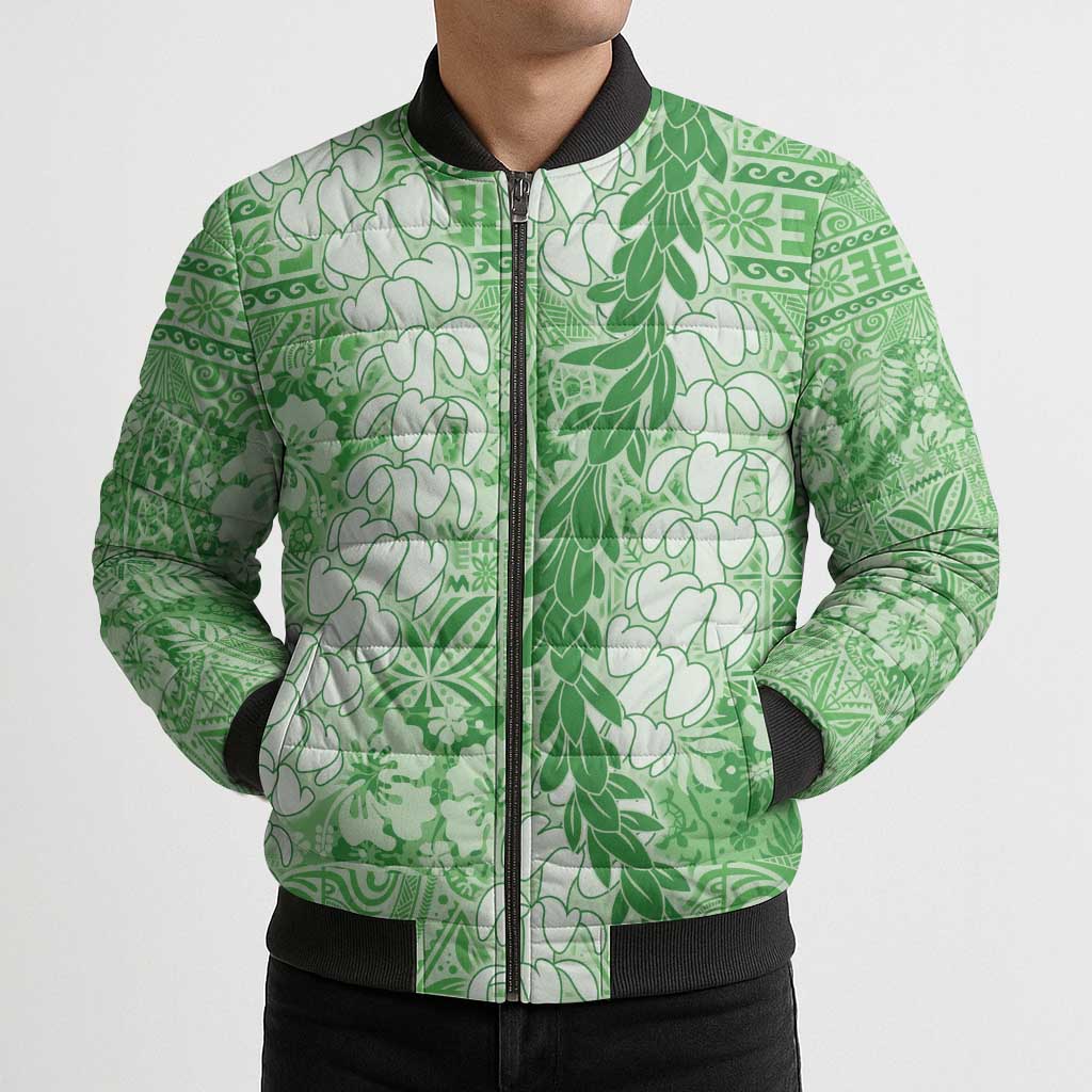 Green Puakenikeni and Maile Lei Bomber Puffer Jacket Hawaiian Style Tribal Tapa Double Strand Lei LT9 - Polynesian Pride