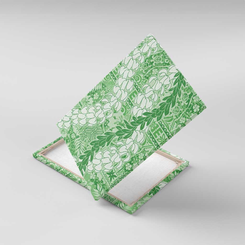 Green Puakenikeni and Maile Lei Canvas Wall Art Hawaiian Style Tribal Tapa Double Strand Lei LT9 With Frame Green - Polynesian Pride