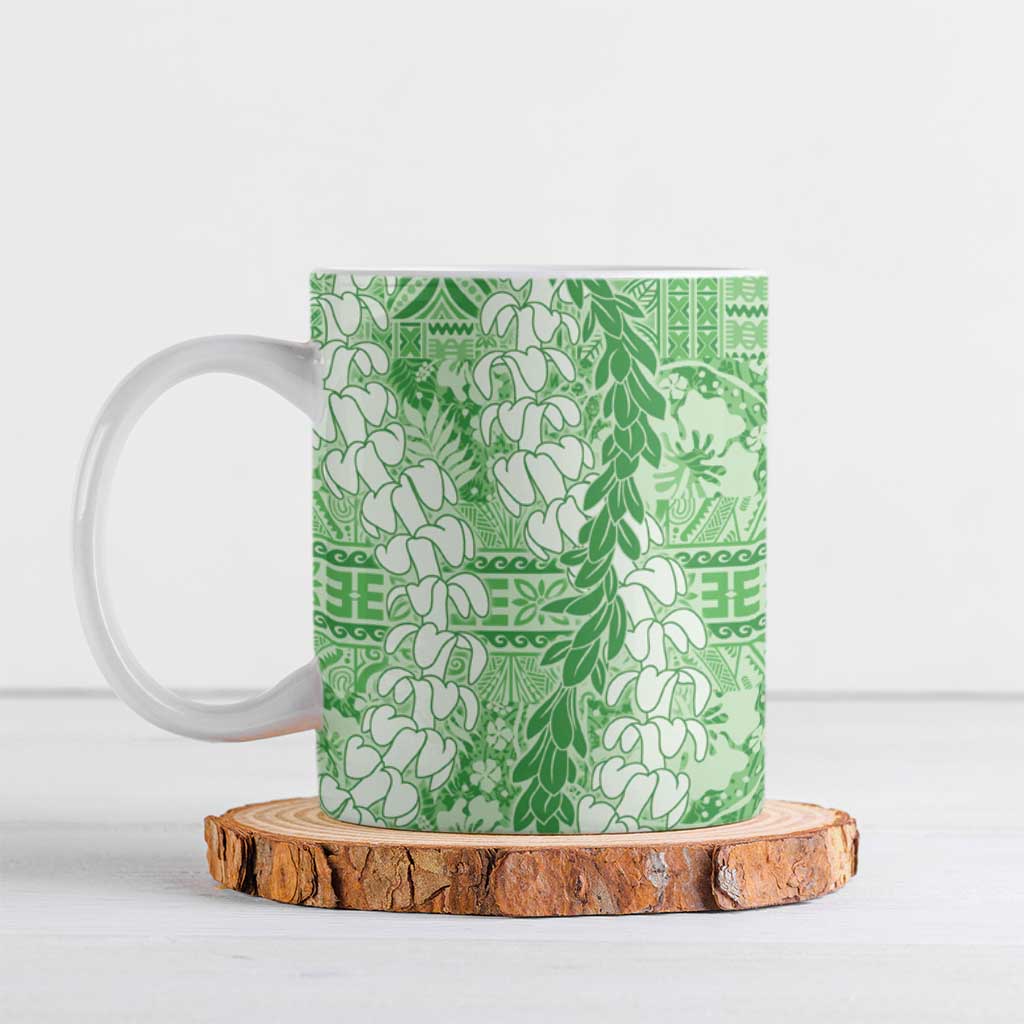 Green Puakenikeni and Maile Lei Ceramic Mug Hawaiian Style Tribal Tapa Double Strand Lei LT9 Green - Polynesian Pride