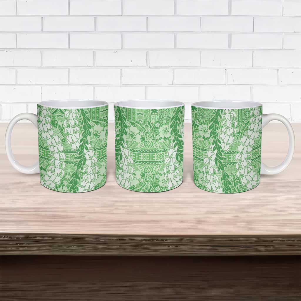 Green Puakenikeni and Maile Lei Ceramic Mug Hawaiian Style Tribal Tapa Double Strand Lei LT9 - Polynesian Pride