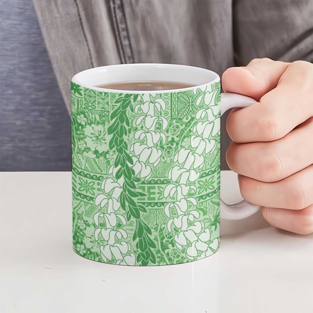 Green Puakenikeni and Maile Lei Ceramic Mug Hawaiian Style Tribal Tapa Double Strand Lei LT9 - Polynesian Pride