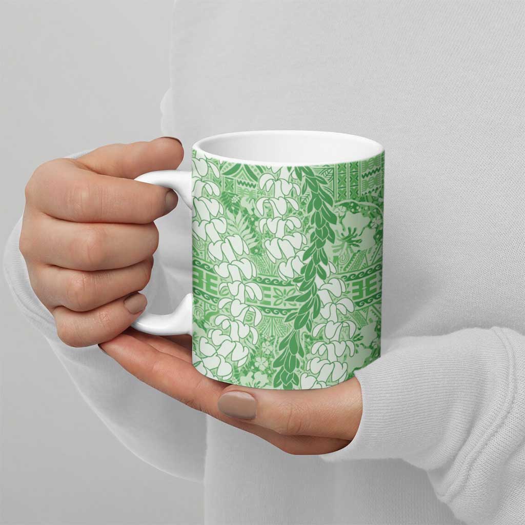 Green Puakenikeni and Maile Lei Ceramic Mug Hawaiian Style Tribal Tapa Double Strand Lei LT9 - Polynesian Pride