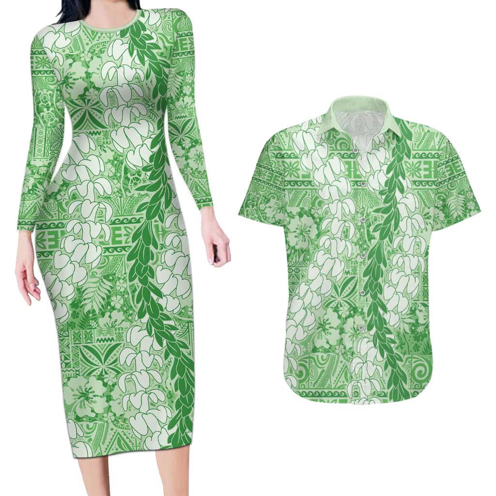 Green Puakenikeni and Maile Lei Couples Matching Long Sleeve Bodycon Dress and Hawaiian Shirt Hawaiian Style Tribal Tapa Double Strand Lei LT9 Green - Polynesian Pride