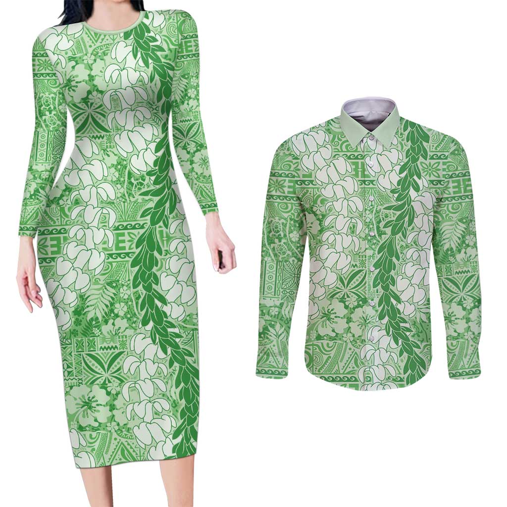 Green Puakenikeni and Maile Lei Couples Matching Long Sleeve Bodycon Dress and Long Sleeve Button Shirt Hawaiian Style Tribal Tapa Double Strand Lei LT9 Green - Polynesian Pride