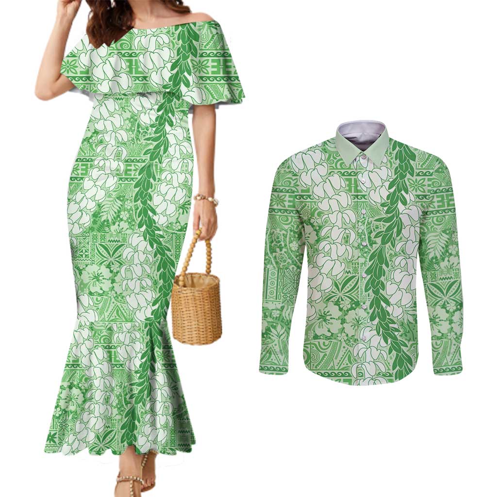 Green Puakenikeni and Maile Lei Couples Matching Mermaid Dress and Long Sleeve Button Shirt Hawaiian Style Tribal Tapa Double Strand Lei LT9 Green - Polynesian Pride
