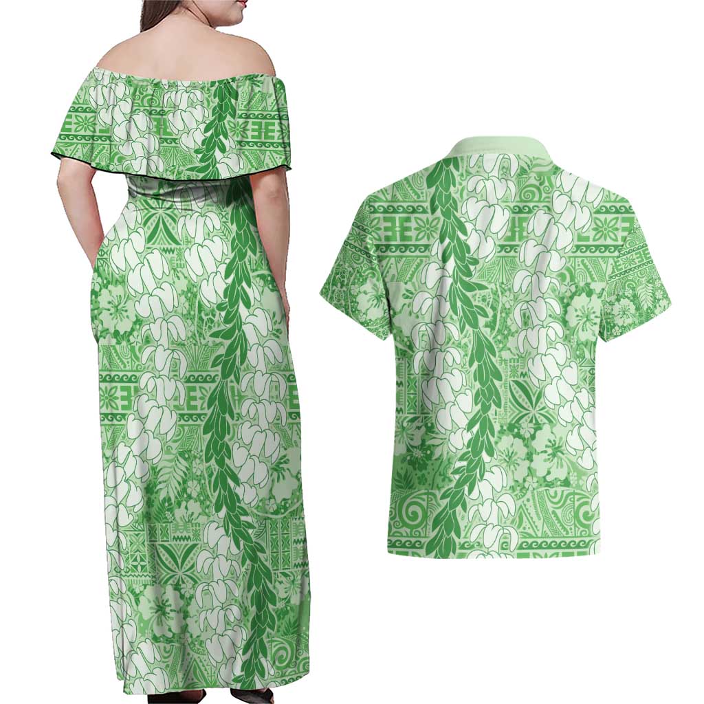 Green Puakenikeni and Maile Lei Couples Matching Off Shoulder Maxi Dress and Hawaiian Shirt Hawaiian Style Tribal Tapa Double Strand Lei LT9 - Polynesian Pride