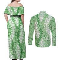 Green Puakenikeni and Maile Lei Couples Matching Off Shoulder Maxi Dress and Long Sleeve Button Shirt Hawaiian Style Tribal Tapa Double Strand Lei LT9 - Polynesian Pride