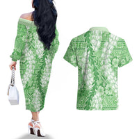 Green Puakenikeni and Maile Lei Couples Matching Off The Shoulder Long Sleeve Dress and Hawaiian Shirt Hawaiian Style Tribal Tapa Double Strand Lei LT9 - Polynesian Pride