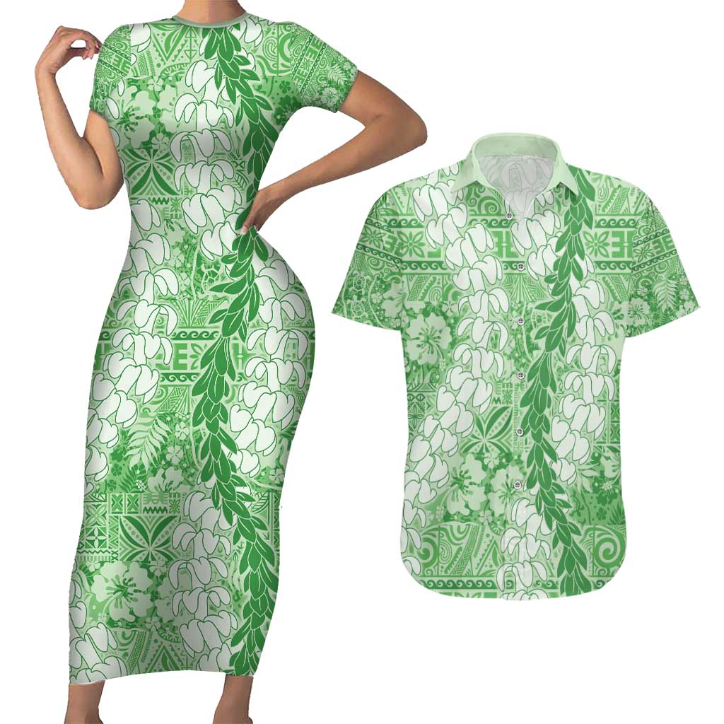 Green Puakenikeni and Maile Lei Couples Matching Short Sleeve Bodycon Dress and Hawaiian Shirt Hawaiian Style Tribal Tapa Double Strand Lei LT9 Green - Polynesian Pride