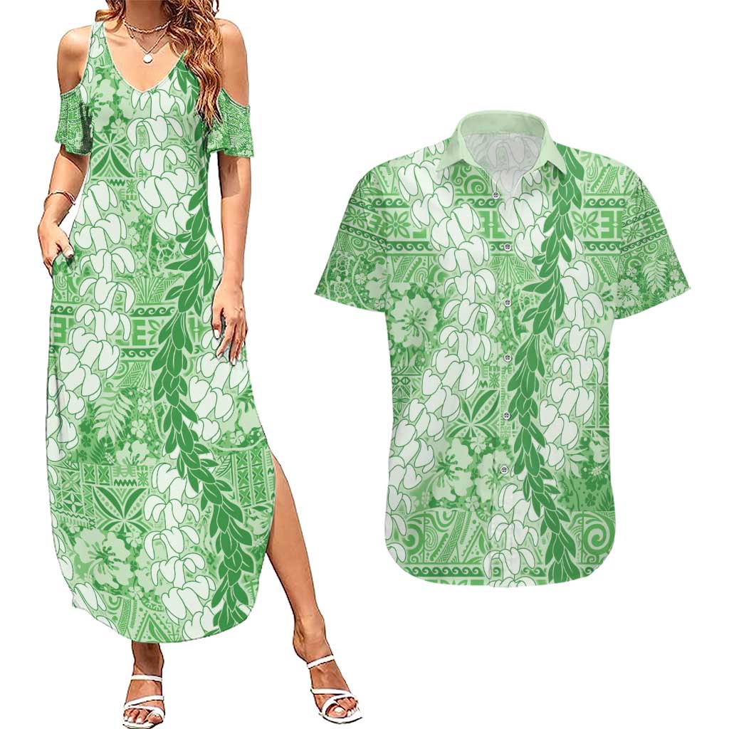 Green Puakenikeni and Maile Lei Couples Matching Summer Maxi Dress and Hawaiian Shirt Hawaiian Style Tribal Tapa Double Strand Lei LT9 Green - Polynesian Pride