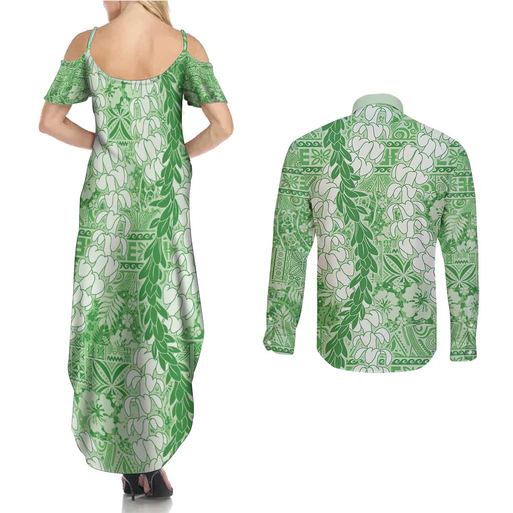 Green Puakenikeni and Maile Lei Couples Matching Summer Maxi Dress and Long Sleeve Button Shirt Hawaiian Style Tribal Tapa Double Strand Lei LT9 - Polynesian Pride
