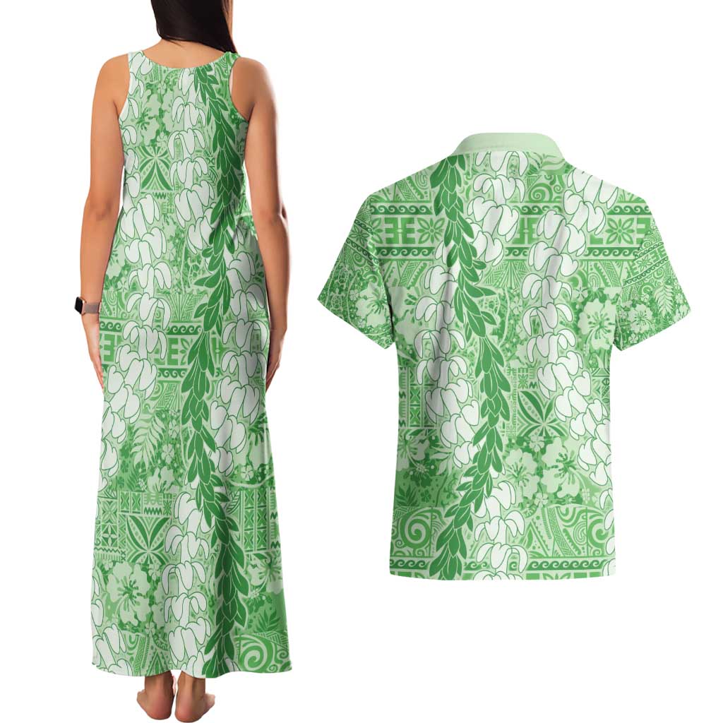 Green Puakenikeni and Maile Lei Couples Matching Tank Maxi Dress and Hawaiian Shirt Hawaiian Style Tribal Tapa Double Strand Lei LT9 - Polynesian Pride
