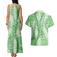 Green Puakenikeni and Maile Lei Couples Matching Tank Maxi Dress and Hawaiian Shirt Hawaiian Style Tribal Tapa Double Strand Lei LT9 - Polynesian Pride