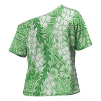Green Puakenikeni and Maile Lei Cross Shoulder Shirt Hawaiian Style Tribal Tapa Double Strand Lei LT9 - Polynesian Pride