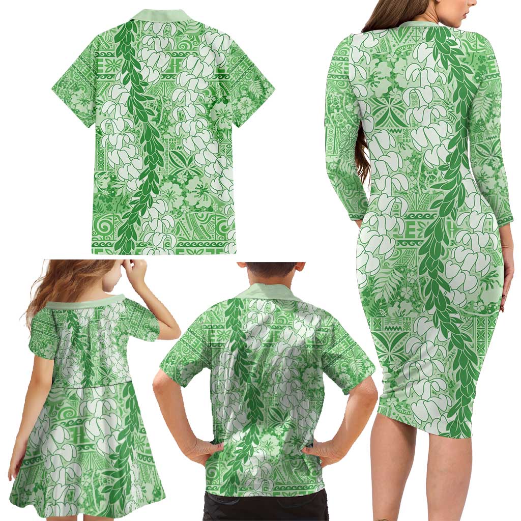 Green Puakenikeni and Maile Lei Family Matching Long Sleeve Bodycon Dress and Hawaiian Shirt Hawaiian Style Tribal Tapa Double Strand Lei LT9 - Polynesian Pride