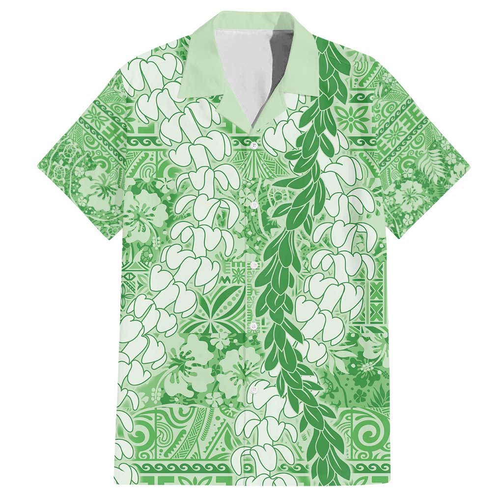 Green Puakenikeni and Maile Lei Family Matching Long Sleeve Bodycon Dress and Hawaiian Shirt Hawaiian Style Tribal Tapa Double Strand Lei LT9 Dad's Shirt - Short Sleeve Green - Polynesian Pride