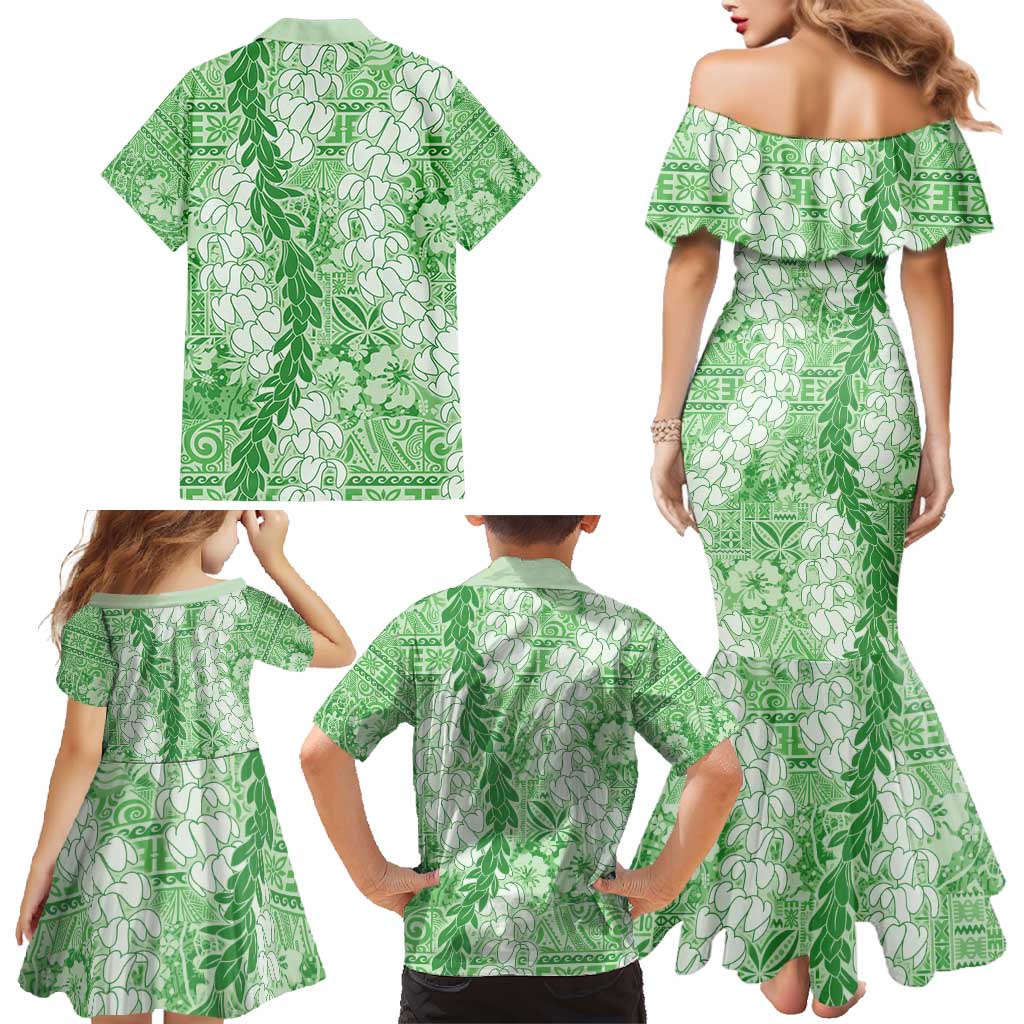 Green Puakenikeni and Maile Lei Family Matching Mermaid Dress and Hawaiian Shirt Hawaiian Style Tribal Tapa Double Strand Lei LT9 - Polynesian Pride