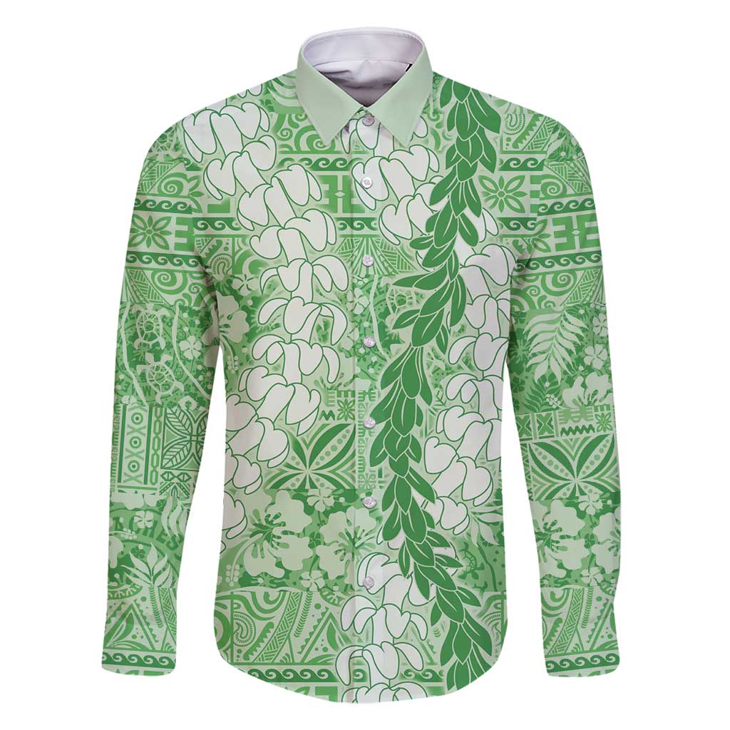 Green Puakenikeni and Maile Lei Family Matching Mermaid Dress and Hawaiian Shirt Hawaiian Style Tribal Tapa Double Strand Lei LT9 Dad's Shirt - Long Sleeve Green - Polynesian Pride