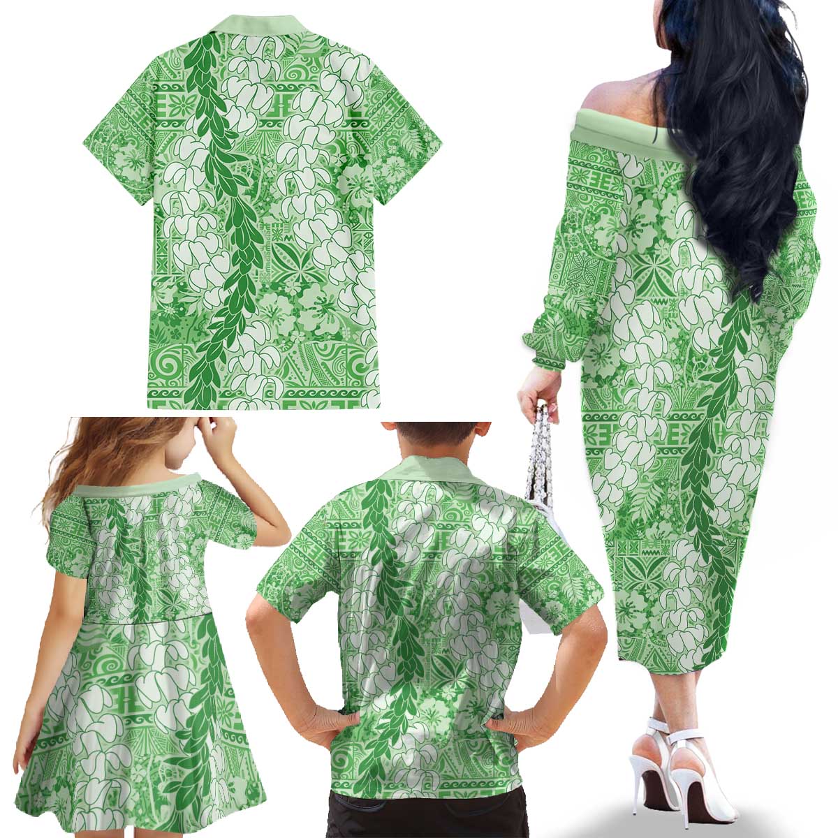Green Puakenikeni and Maile Lei Family Matching Off The Shoulder Long Sleeve Dress and Hawaiian Shirt Hawaiian Style Tribal Tapa Double Strand Lei LT9 - Polynesian Pride