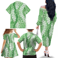 Green Puakenikeni and Maile Lei Family Matching Off The Shoulder Long Sleeve Dress and Hawaiian Shirt Hawaiian Style Tribal Tapa Double Strand Lei LT9 - Polynesian Pride