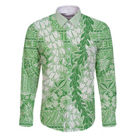 Green Puakenikeni and Maile Lei Family Matching Off The Shoulder Long Sleeve Dress and Hawaiian Shirt Hawaiian Style Tribal Tapa Double Strand Lei LT9 Dad's Shirt - Long Sleeve Green - Polynesian Pride