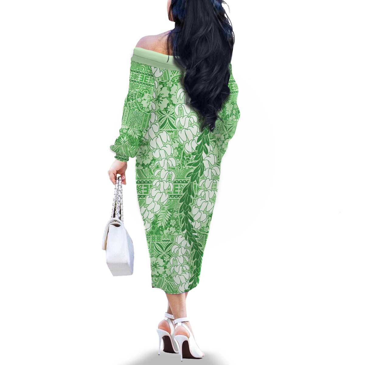 Green Puakenikeni and Maile Lei Family Matching Off The Shoulder Long Sleeve Dress and Hawaiian Shirt Hawaiian Style Tribal Tapa Double Strand Lei LT9 - Polynesian Pride