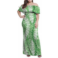 Green Puakenikeni and Maile Lei Family Matching Off Shoulder Maxi Dress and Hawaiian Shirt Hawaiian Style Tribal Tapa Double Strand Lei LT9 Mom's Dress Green - Polynesian Pride