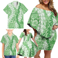 Green Puakenikeni and Maile Lei Family Matching Off Shoulder Short Dress and Hawaiian Shirt Hawaiian Style Tribal Tapa Double Strand Lei LT9 - Polynesian Pride