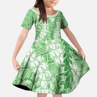 Green Puakenikeni and Maile Lei Family Matching Puletasi and Hawaiian Shirt Hawaiian Style Tribal Tapa Double Strand Lei LT9 Daughter's Dress Green - Polynesian Pride