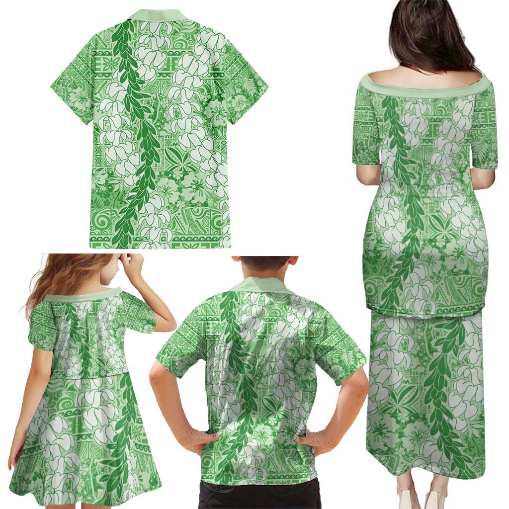 Green Puakenikeni and Maile Lei Family Matching Puletasi and Hawaiian Shirt Hawaiian Style Tribal Tapa Double Strand Lei LT9 - Polynesian Pride