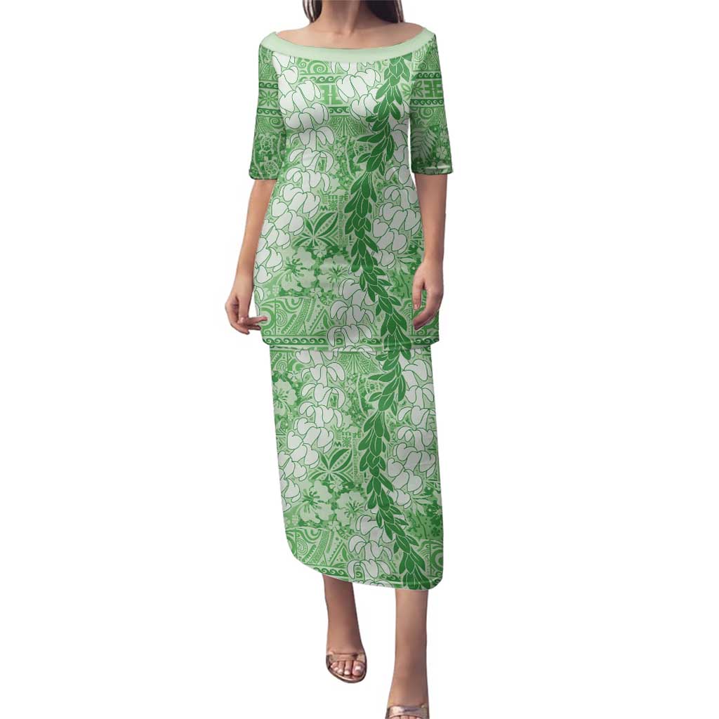 Green Puakenikeni and Maile Lei Family Matching Puletasi and Hawaiian Shirt Hawaiian Style Tribal Tapa Double Strand Lei LT9 Mom's Dress Green - Polynesian Pride