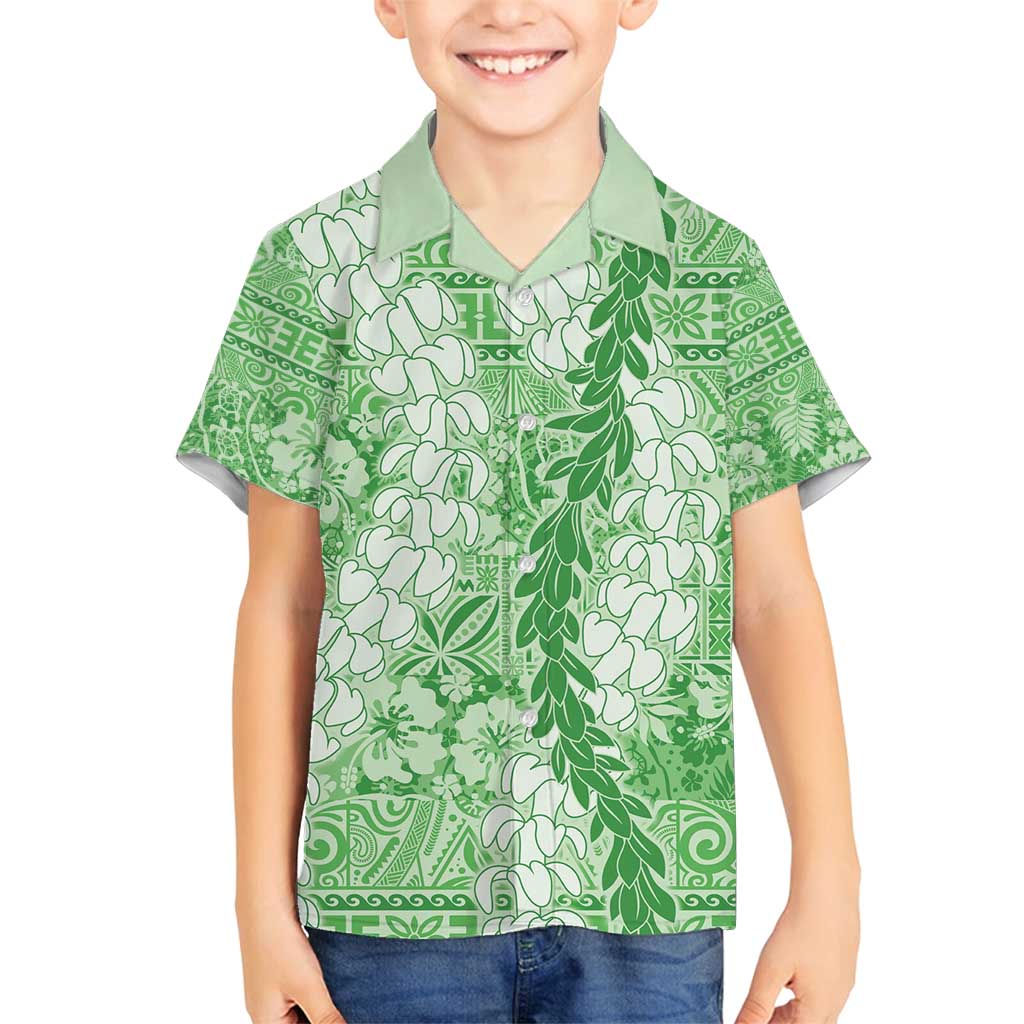 Green Puakenikeni and Maile Lei Family Matching Puletasi and Hawaiian Shirt Hawaiian Style Tribal Tapa Double Strand Lei LT9 Son's Shirt Green - Polynesian Pride