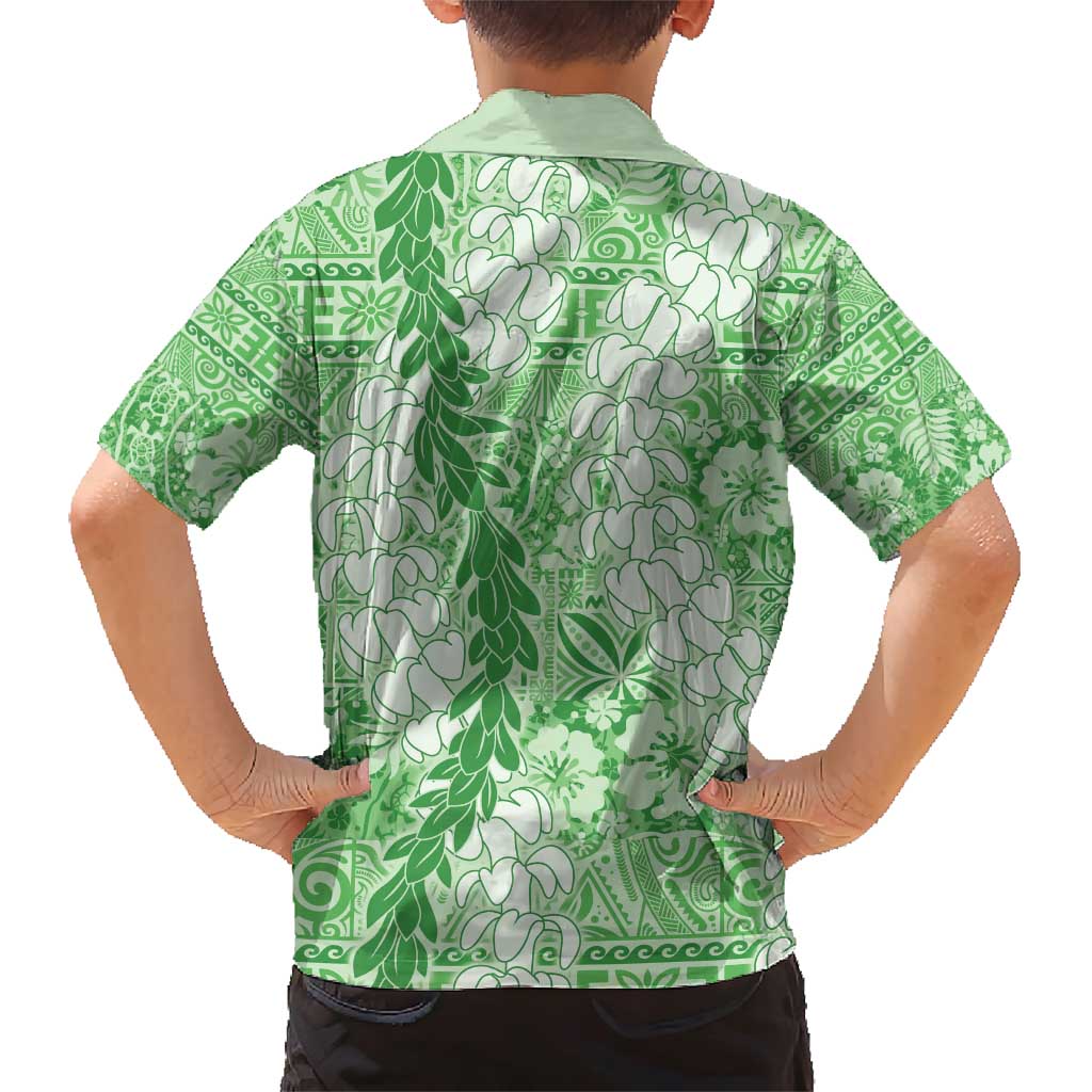 Green Puakenikeni and Maile Lei Family Matching Short Sleeve Bodycon Dress and Hawaiian Shirt Hawaiian Style Tribal Tapa Double Strand Lei LT9 - Polynesian Pride