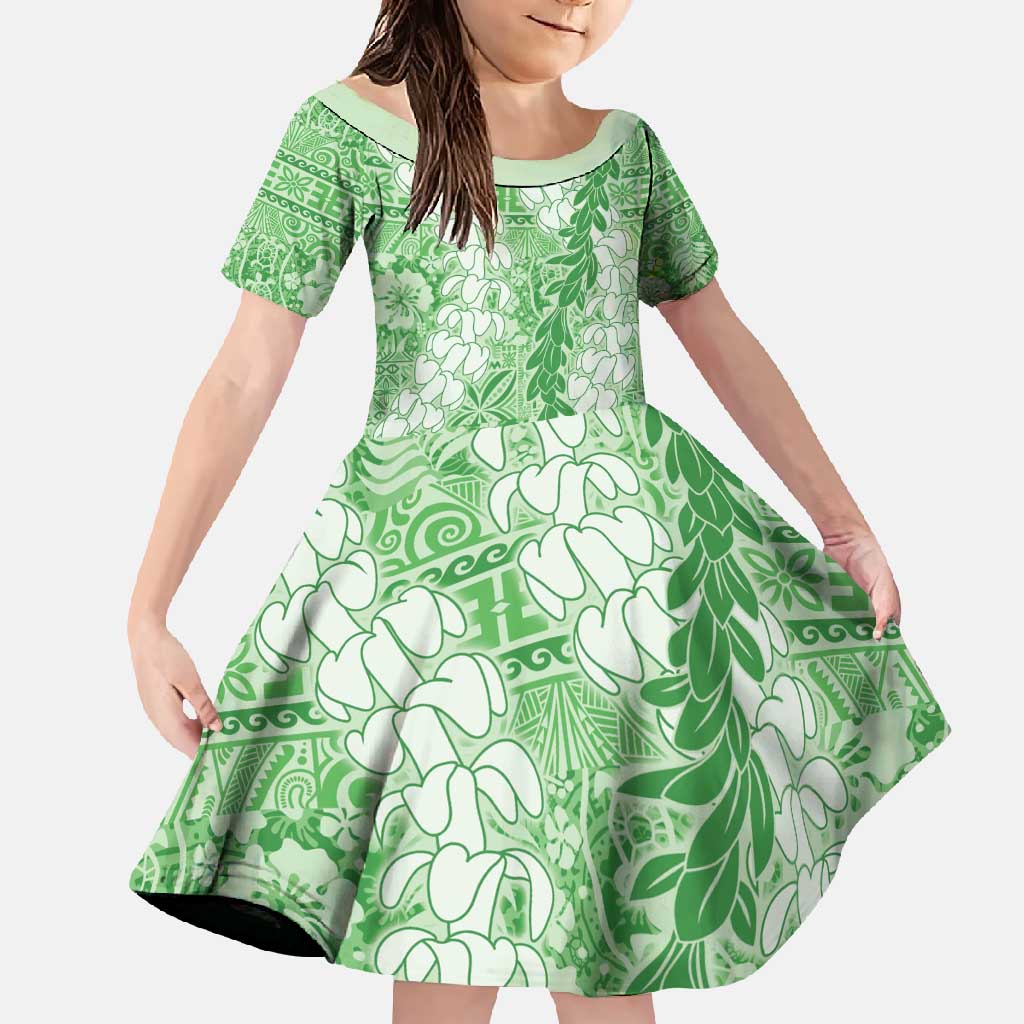 Green Puakenikeni and Maile Lei Family Matching Short Sleeve Bodycon Dress and Hawaiian Shirt Hawaiian Style Tribal Tapa Double Strand Lei LT9 Daughter's Dress Green - Polynesian Pride
