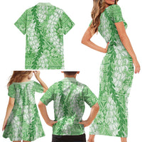 Green Puakenikeni and Maile Lei Family Matching Short Sleeve Bodycon Dress and Hawaiian Shirt Hawaiian Style Tribal Tapa Double Strand Lei LT9 - Polynesian Pride