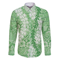 Green Puakenikeni and Maile Lei Family Matching Short Sleeve Bodycon Dress and Hawaiian Shirt Hawaiian Style Tribal Tapa Double Strand Lei LT9 Dad's Shirt - Long Sleeve Green - Polynesian Pride