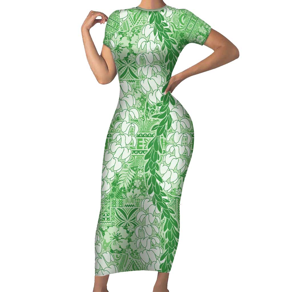 Green Puakenikeni and Maile Lei Family Matching Short Sleeve Bodycon Dress and Hawaiian Shirt Hawaiian Style Tribal Tapa Double Strand Lei LT9 Mom's Dress Green - Polynesian Pride