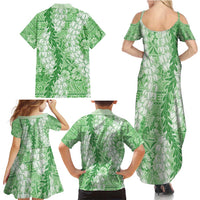 Green Puakenikeni and Maile Lei Family Matching Summer Maxi Dress and Hawaiian Shirt Hawaiian Style Tribal Tapa Double Strand Lei LT9 - Polynesian Pride
