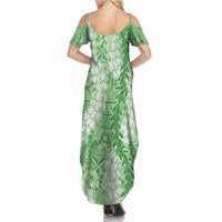 Green Puakenikeni and Maile Lei Family Matching Summer Maxi Dress and Hawaiian Shirt Hawaiian Style Tribal Tapa Double Strand Lei LT9 - Polynesian Pride