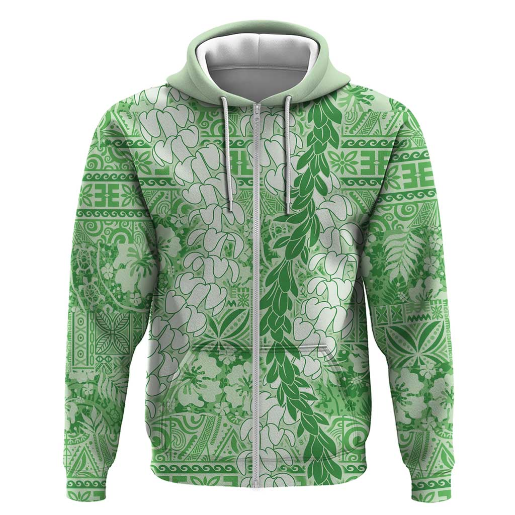 Green Puakenikeni and Maile Lei Hoodie Hawaiian Style Tribal Tapa Double Strand Lei LT9 Zip Hoodie Green - Polynesian Pride