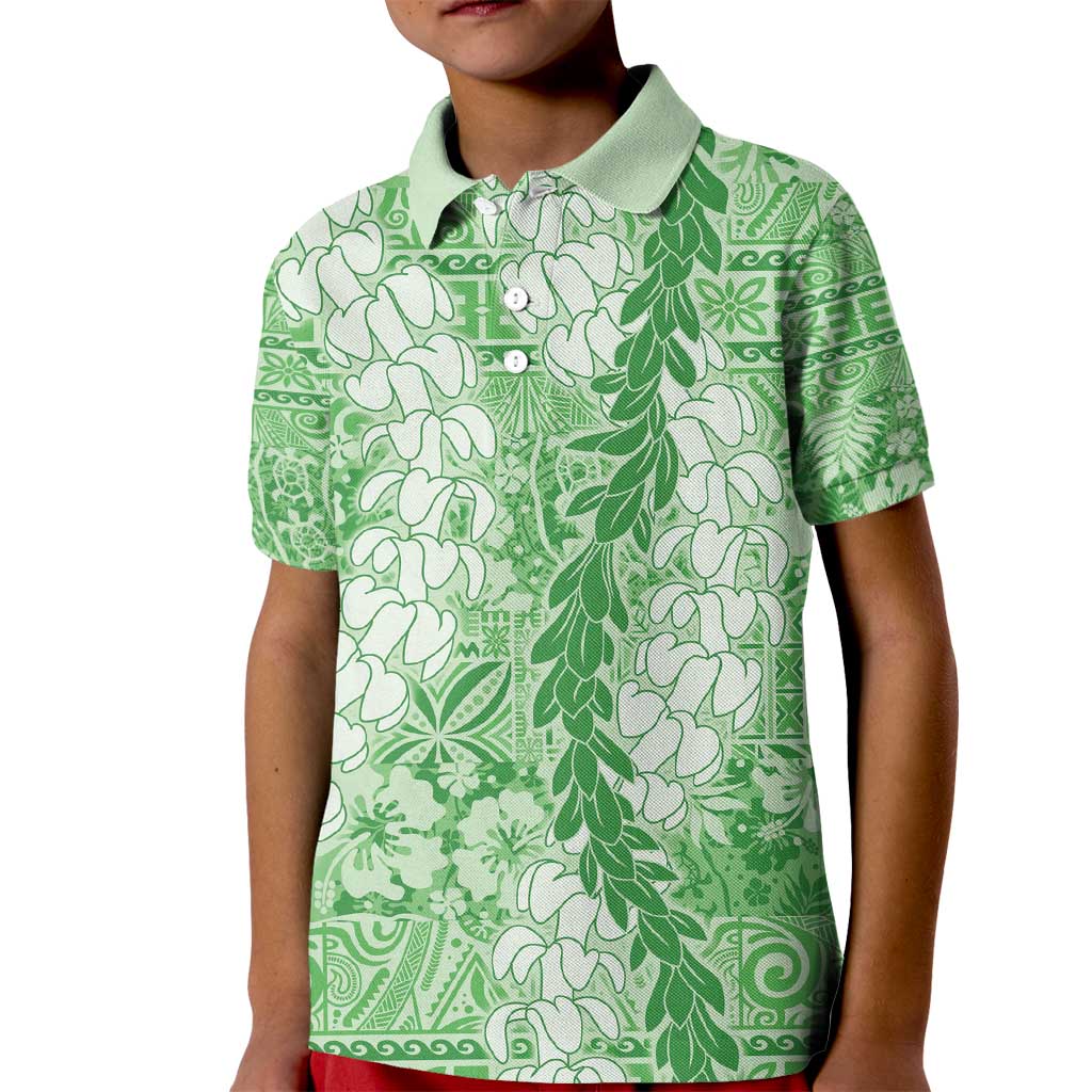 Green Puakenikeni and Maile Lei Kid Polo Shirt Hawaiian Style Tribal Tapa Double Strand Lei LT9 Kid Green - Polynesian Pride