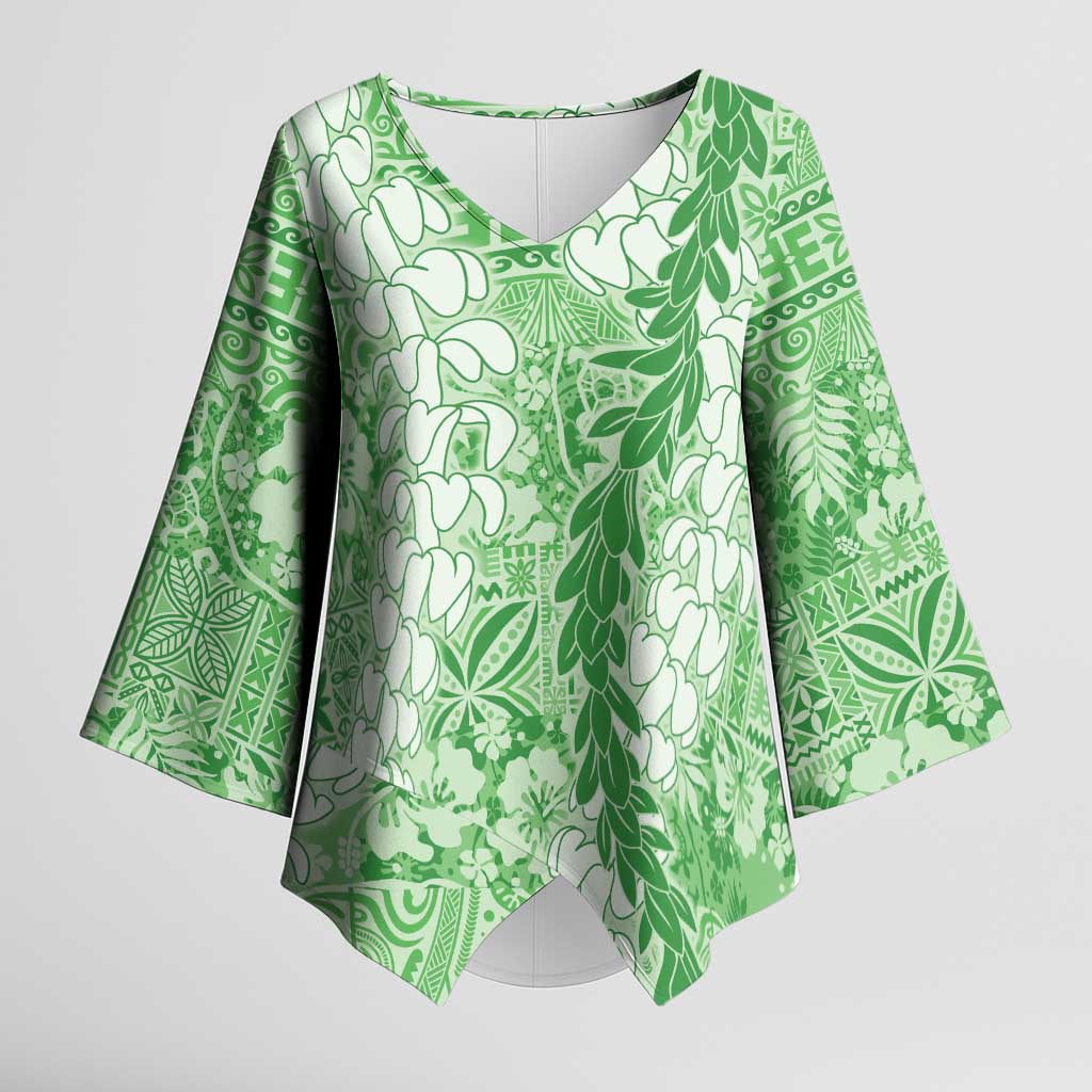 Green Puakenikeni and Maile Lei Kimono Sleeve Blouse Hawaiian Style Tribal Tapa Double Strand Lei LT9 Female Green - Polynesian Pride