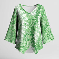 Green Puakenikeni and Maile Lei Kimono Sleeve Blouse Hawaiian Style Tribal Tapa Double Strand Lei LT9 Female Green - Polynesian Pride