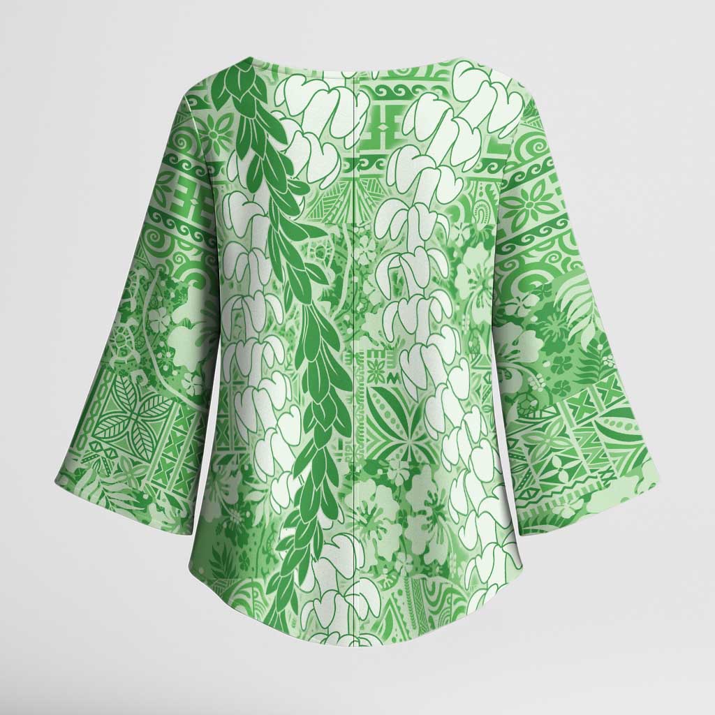 Green Puakenikeni and Maile Lei Kimono Sleeve Blouse Hawaiian Style Tribal Tapa Double Strand Lei LT9 - Polynesian Pride